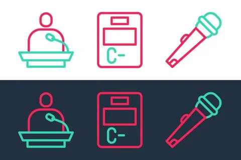 Set line Microphone, Gives lecture and Exam paper with incorrect answers icon Stock Illustration