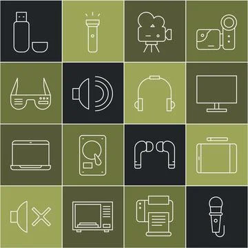 Set line Microphone, Graphic tablet, Computer monitor screen, Retro cinema Stock Illustration