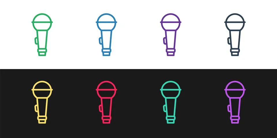 Set line Microphone icon isolated on black and white background. On air rad.. Stock Illustration