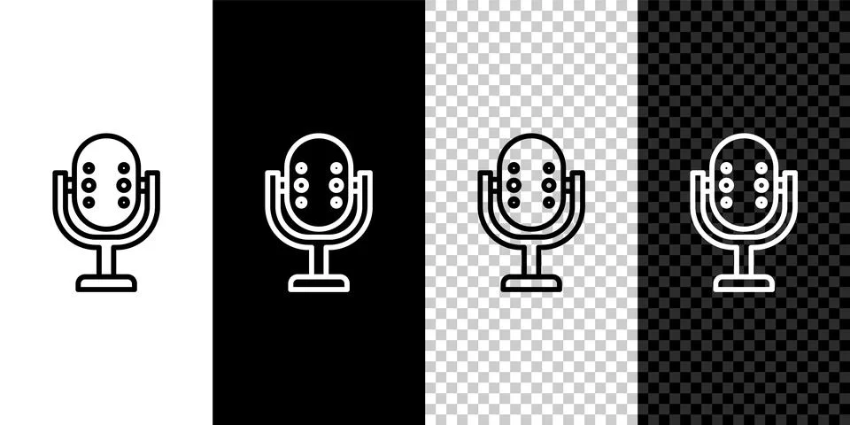Set line Microphone icon isolated on black and white, transparent backgroun.. Stock Illustration