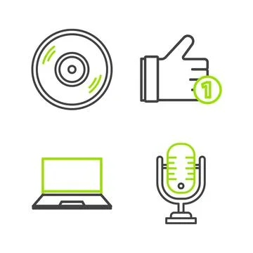 Set line Microphone, Laptop, Hand like and Vinyl disk icon. Vector Illustrazione stock