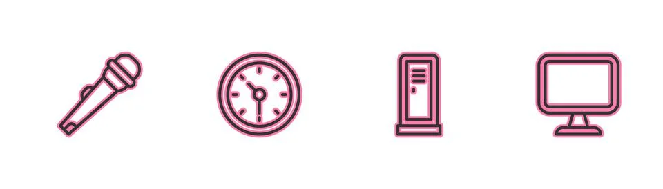 Set line Microphone, Locker or changing room, Clock and Computer monitor icon イラスト素材