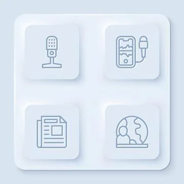 Set line Microphone, Mobile recording, News and World news. White square button Stock Illustration