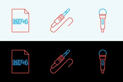 Set line Microphone, MP4 file document and Audio jack icon. Vector Stock Illustration