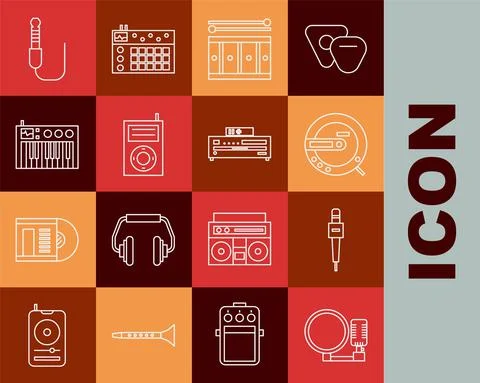Set line Microphone, Music CD player, Drum with drum sticks, MP3, synthesizer Stock Illustration