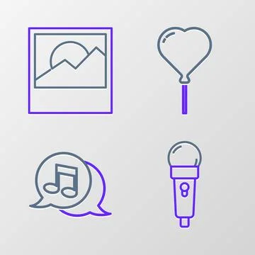 Set line Microphone, Musical note in speech bubble, Balloon form of heart a.. Stock Illustration