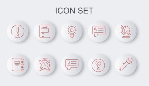 Set line Microphone, Notebook, Light bulb, Speech bubbles with Question, and Stock Illustration