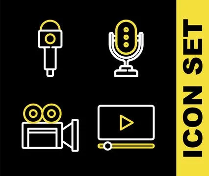 Set line Microphone, Online play video, Cinema camera and  icon. Vector Stock Illustration