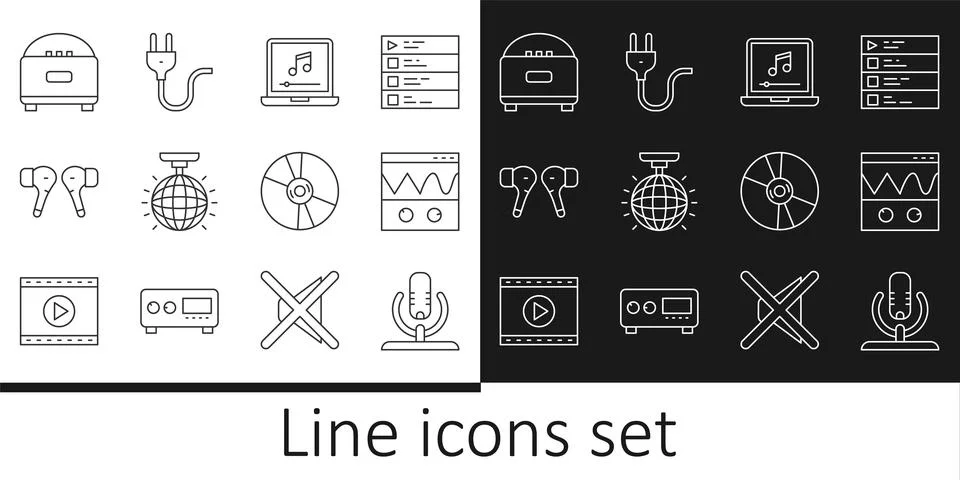 Set line Microphone, Oscilloscope, Laptop with music note, Disco ball, Air .. Stock Illustration
