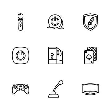 Set line Microphone, Playing cards, Computer monitor, Case of computer, Swo.. Stock Illustration