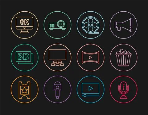 Set line Microphone, Popcorn in box, Film reel, Cinema auditorium with seats, 3D Stock Illustration