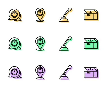 Set line Microphone, Power button,  and Chest for game icon. Vector Stock Illustration