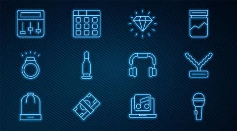Set line Microphone, Rapper chain, Diamond, Bullet, ring, Drum machine music, Stock Illustration