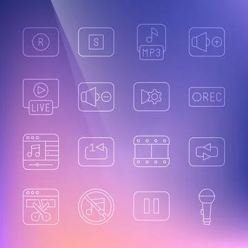 Set line Microphone, Repeat button, Record, MP3 file, Speaker mute, Live stream Stock Illustration