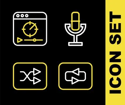 Set line Microphone, Repeat button, Arrow shuffle and Online play video icon Stock Illustration