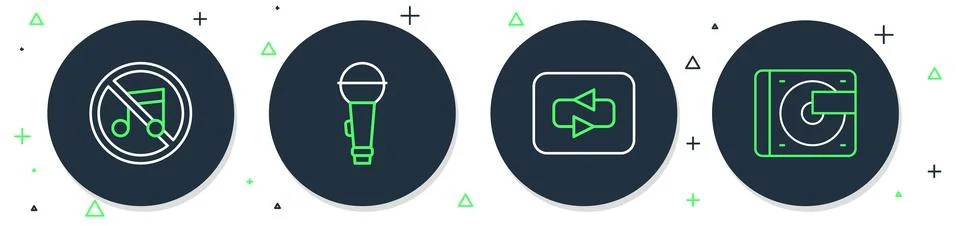 Set line Microphone, Repeat button, Speaker mute and Vinyl player with vinyl Illustrazione stock
