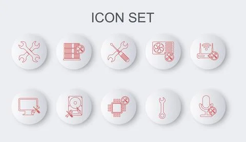 Set line Microphone service, Computer monitor, Crossed screwdriver and wrench Stock Illustration