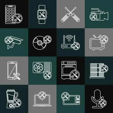 Set line Microphone service, Database server, Tv, Crossed screwdrivers, CD or Illustrazione stock