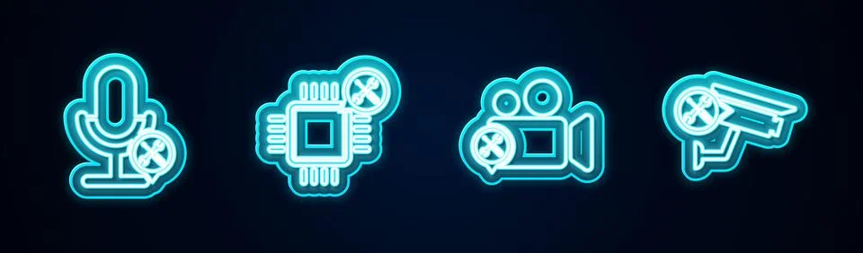 Set line Microphone service, Processor, Video camera and Security. Glowing ne Stock Illustration