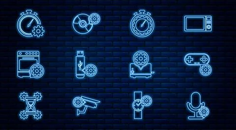 Set line Microphone setting, Gamepad, Time management, USB flash drive, Oven Stock Illustration