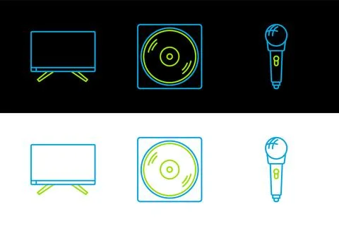 Set line Microphone, Smart Tv and Vinyl disk icon. Vector Stock Illustration