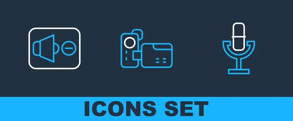 Set line Microphone, Speaker mute and Cinema camera icon. Vector Stock Illustration