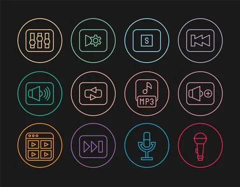 Set line Microphone, Speaker volume, Stop media button, Repeat, Sound mixer Stock Illustration