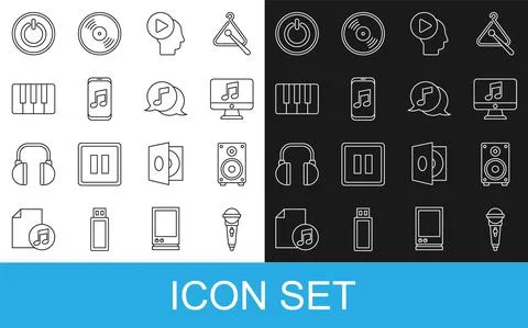 Set line Microphone, Stereo speaker, Computer with music note, Head people play Illustrazione stock