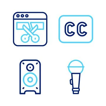 Set line Microphone, Stereo speaker, Subtitles and Video recorder or editor i Stock Illustration
