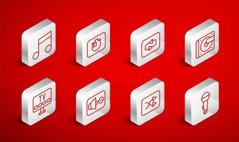 Set line Microphone, Stopwatch, Repeat button, Vinyl player with vinyl disk Stock Illustration