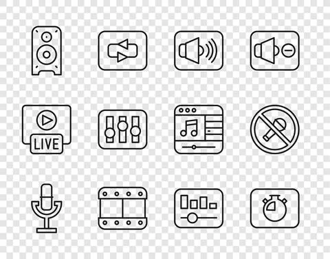Set line Microphone, Stopwatch, Speaker volume, Play video, Stereo speaker Stock Illustration