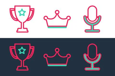 Set line Microphone, Trophy cup and Crown icon. Vector Illustrazione stock