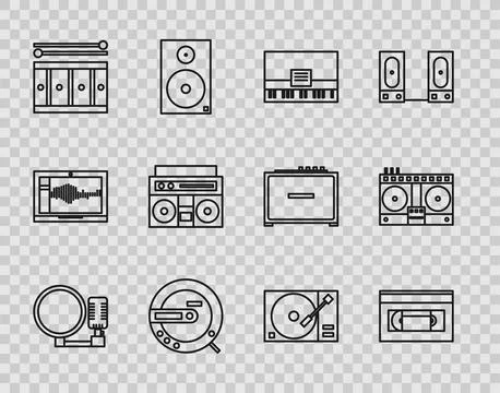 Set line Microphone, VHS video cassette tape, Piano, Music CD player, Drum with Stock Illustration