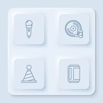 Set line Microphone, Vinyl disk, Party hat and Beer can. White square button. Stock Illustration