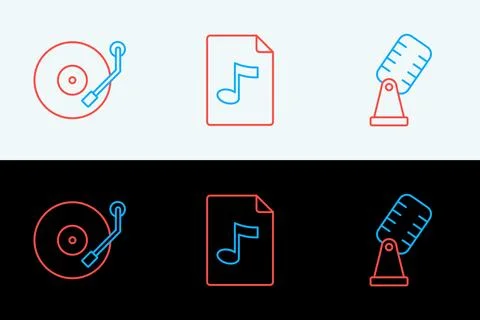 Set line Microphone, Vinyl player and MP3 file document icon. Vector Stock Illustration