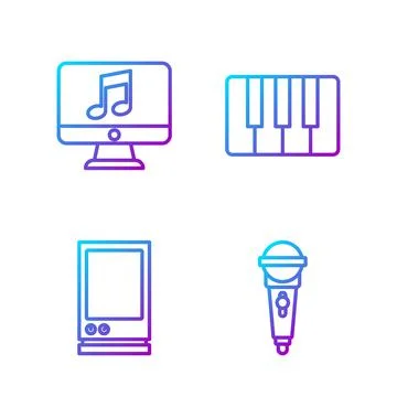 Set line Microphone, Voice assistant, Computer with music note and Music Illustrazione stock