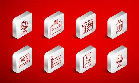 Set line Microphone voice device, Briefcase, School timetable, Suitcase Stock-Illustration