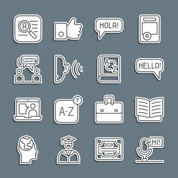 Set line Microphone voice device, Open book, Hello in different languages, Hola Stock Illustration