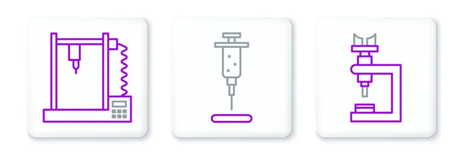 Set line Microscope, 3D printer and Syringe icon. Vector 스톡 일러스트