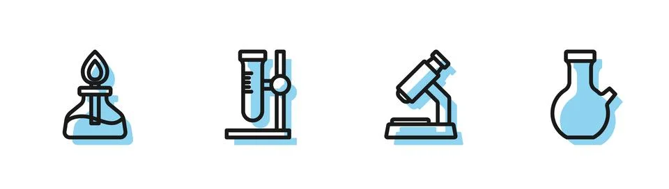 Set line Microscope, Alcohol or spirit burner, Test tube flask on stand and icon Stock Illustration