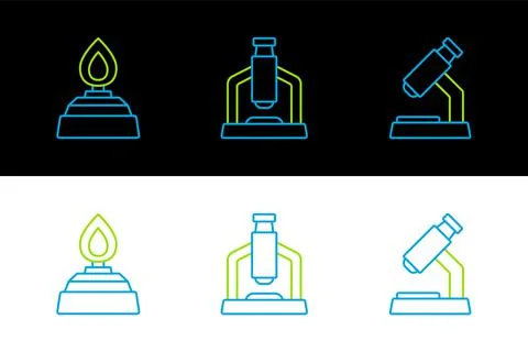 Set line Microscope, Alcohol or spirit burner and icon. Vector Stock Illustration