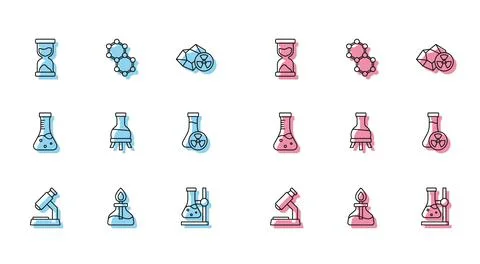 Set line Microscope, Alcohol or spirit burner, Old hourglass, Test tube flask Illustrazione stock