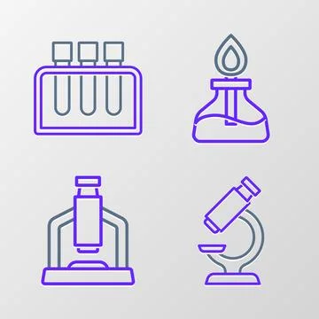 Set line Microscope, Alcohol or spirit burner and Test tube icon. Vector Stock Illustration