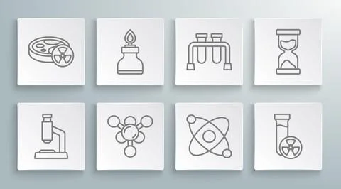 Set line Microscope, Alcohol or spirit burner, Molecule, Atom, Test tube wi.. Ilustración de archivo