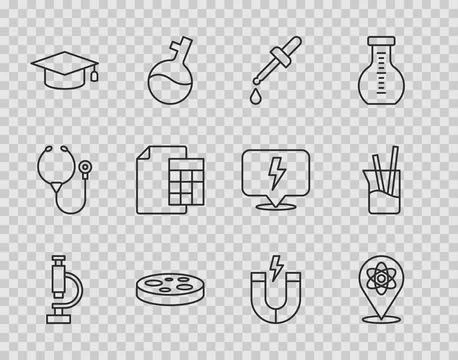 Set line Microscope, Atom, Pipette, Petri dish with bacteria, Graduation ca.. Stock Illustration