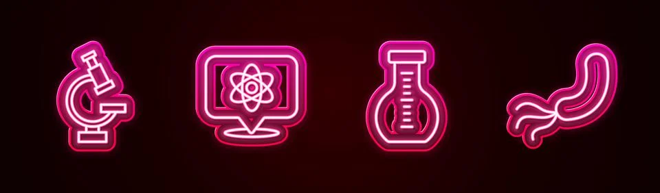 Set line Microscope, Atom, Test tube and Bacteria. Glowing neon icon. Vector Illustrazione stock