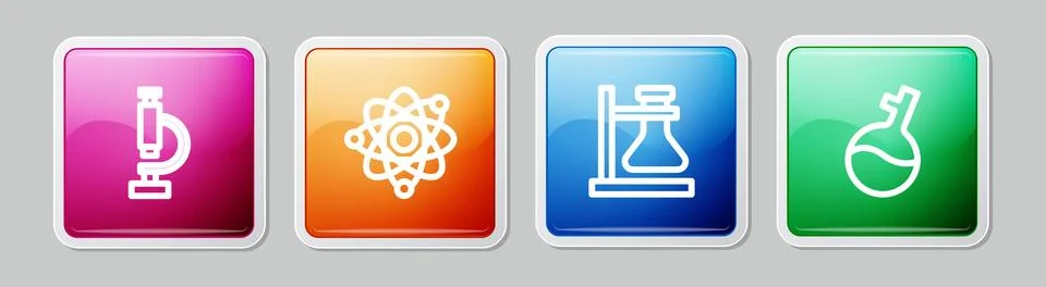 Set line Microscope, Atom, Test tube flask on stand and . Colorful square button Stockillustratie