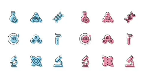 Set line Microscope, Atom, Test tube with toxic liquid, Sulfur dioxide SO2 イラスト素材