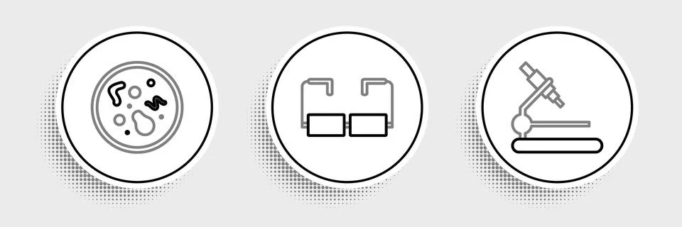 Set line Microscope, Bacteria and Glasses icon. Vector Stock Illustration