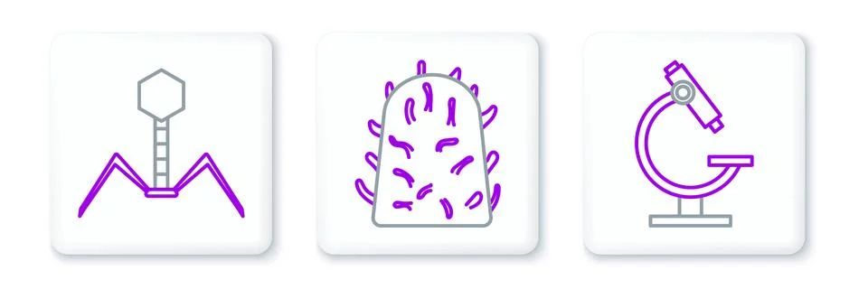 Set line Microscope, Bacteria bacteriophage and Rabies virus icon. Vector Illustrazione stock